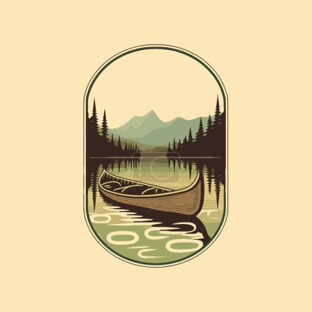 Téléchargez les illustrations : Vector canoe mountain lake adventure badge logo vintage style, icon symbol - en licence libre de droit