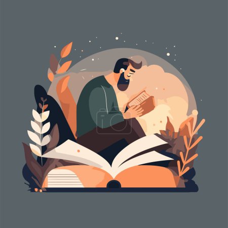 Person man enjoy shit down reading a book in the chair hygge concept vector flat color illstration