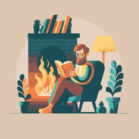 Illustration for Person man enjoy shit down reading a book in the chair hygge concept vector flat color illstration - Royalty Free Image