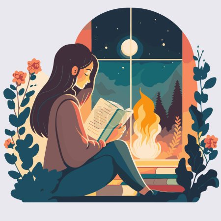 Illustration for Young woman enjoy sitting reading book hygge concept cartoon vector flat color illustration - Royalty Free Image