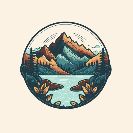 Ilustración de Vector mountain lake adventure badge logo vintage style, icon symbol - Imagen libre de derechos