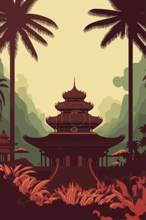 Téléchargez les illustrations : Bali old temple, balinese culture background indonesia tourism retro style vector flat color illustration - en licence libre de droit