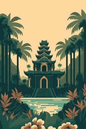 Téléchargez les illustrations : Bali old temple, balinese culture background indonesia tourism retro style vector flat color illustration - en licence libre de droit