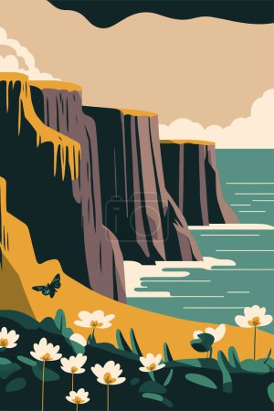 Illustration for Illustration of Cliffs of Moher and Burren Ireland tourist attraction vector flat color poster - Royalty Free Image