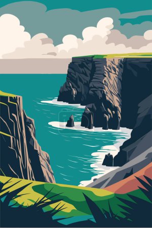 Illustration for Illustration of Cliffs of Moher and Burren Ireland tourist attraction vector flat color poster - Royalty Free Image