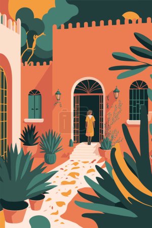Illustration for Traditional house of mexico city tourism attraction vector flat color illustration wall art print poster - Royalty Free Image