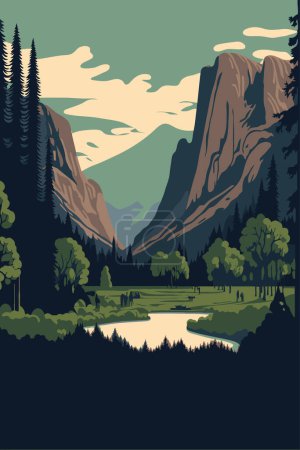 Illustration for El capitan yosemite national park sierra nevada of central california poster flat color vector illustration nature background - Royalty Free Image