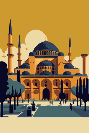 Illustration for Illustration of Hagia Sophia domes and minarets in the old city of Istanbul in flat color vector style background for wall art print or banner design template - Royalty Free Image