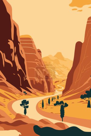 Illustration for Illustration of Wadi Rum jordan retro posters famous deserts of the in flat vector background for art print wall decor or banner design template - Royalty Free Image