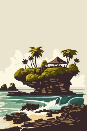 Ilustración de Tanah Lot hindu temple, Bali tropical sea island poster flat color vector illustration - Imagen libre de derechos