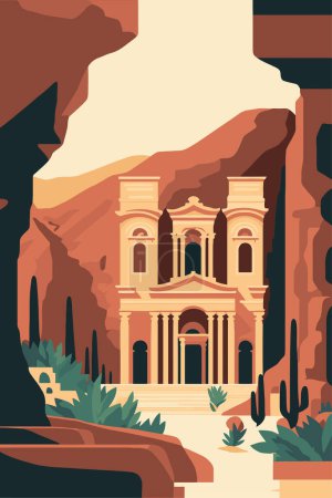 Ilustración de Ancient city of Petra, Jordan. Al Khazneh tourist attraction poster vector flat color illustration background - Imagen libre de derechos