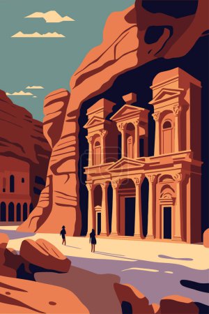 Ilustración de Ancient city of Petra, Jordan. Al Khazneh tourist attraction poster vector flat color illustration background - Imagen libre de derechos