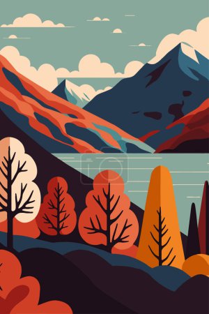 Illustration for Vector Torres Del Paine national park mountain lake nature poster illustration - Royalty Free Image