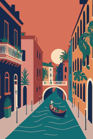 Téléchargez les illustrations : Flat vector gondola venice grand canal italy city attraction background poster illustration - en licence libre de droit