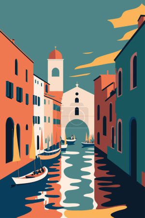 Téléchargez les illustrations : Flat vector gondola venice grand canal italy city attraction background poster illustration - en licence libre de droit