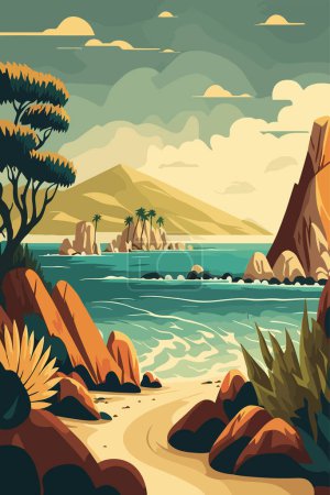 flat vector illustration seaside view from the coastal hills overgrown with vegetation, hills and meadows near the sea coast landscape