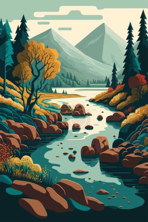 river flow with forrest mountain background view landscape flat color vector illustration