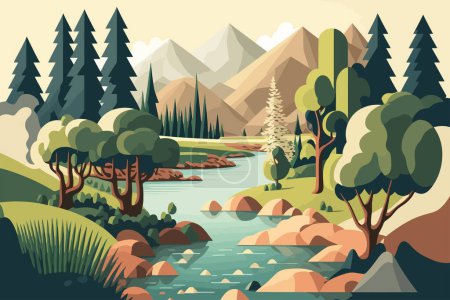 Landscape with mountains and river. Vector illustration in flat cartoon style.