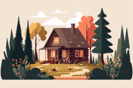 wood cabin. Wooden house in the forest. Vector illustration in cartoon style.
