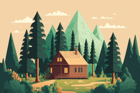 Illustration for Wood cabin. Wooden house in the forest. Vector illustration in cartoon style. - Royalty Free Image