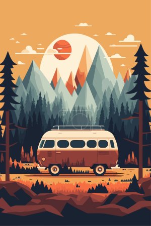 Retro camper van in the forest at sunset. Vector flat color cartoon illustration poster