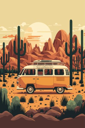 Vintage camper van in the desert. Vector illustration in flat color cartoon style poster