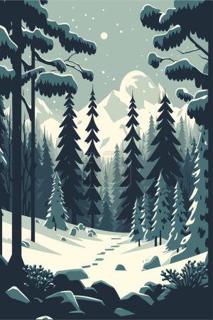 Winter landscape with coniferous forest and snow. Vector flat color cartoon illustration.