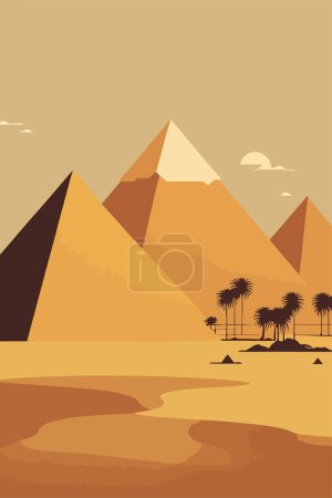 Téléchargez les illustrations : Pyramides égyptiennes dans le désert. Illustration vectorielle d'un dessin plat. affiche d'impression d'art mural - en licence libre de droit