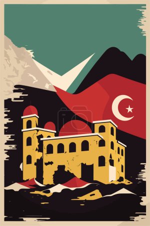 Ilustración de Terremoto de Turquía. Terremoto en pavo Mapa de la bandera Turquía vector plano color ilustración cartel - Imagen libre de derechos