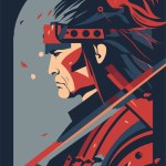 japanese samurai warrior close up flat color vector illustration for wall art print