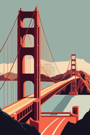 Téléchargez les illustrations : Célèbre Golden Gate Bridge, San Francisco vecteur plat illustration en couleur pour affiche d'impression d'art mural - en licence libre de droit