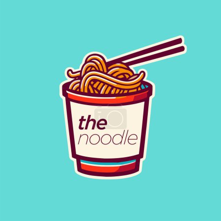Illustration for Takeaway chinese food badge of noodle box with chopsticks logo design icon. vector illustration - Royalty Free Image
