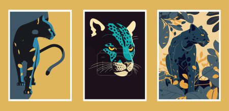 Téléchargez les illustrations : Ensemble d'illustrations vectorielles dessinées à la main de léopard, jaguar, panthère. affiche d'impression d'art mural - en licence libre de droit