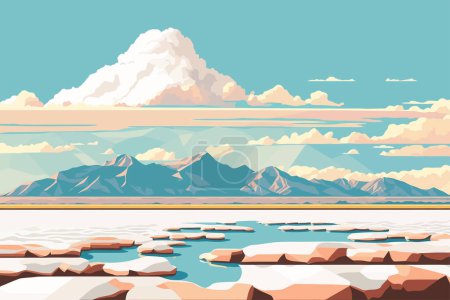 Ilustración de Pisos de sal con espejismos y horizontes distantes. Paisaje marino con montañas y lago. Ilustración vectorial en estilo plano - Imagen libre de derechos