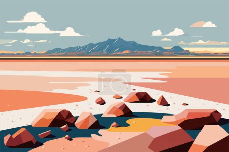 Salt flats with mirages and distant horizons. Landscape with red sand beach and mountains. Vector illustration in flat style