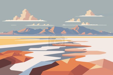 Ilustración de Pisos de sal con espejismos y horizontes distantes. Paisaje con lago y montañas. Ilustración vectorial en estilo plano. - Imagen libre de derechos