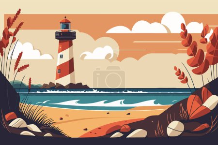 Ilustración de Faro en la orilla del mar. Ilustración vectorial en estilo plano. Una playa con un faro - Imagen libre de derechos