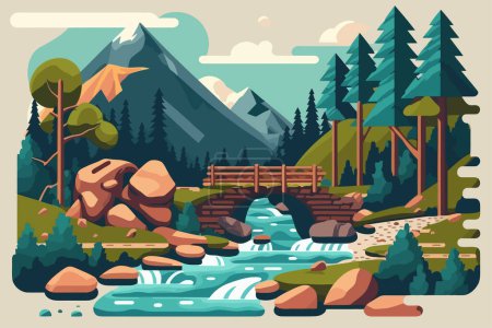Berglandschaft mit Fluss und Holzbrücke. Vektorillustration im flachen Stil. Ein Fluss mit einem kleinen Wasserfall und einer Blockbrücke