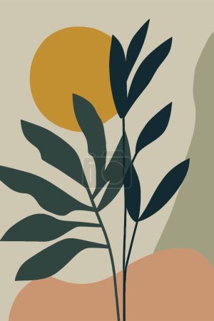 Fondo abstracto minimalista con hojas y sol. Ilustración vectorial. arte de pared floral imprimir decoración del hogar