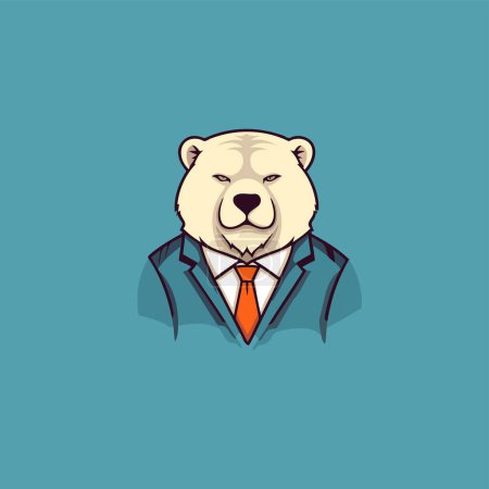 Illustration for Polar bear in suit and tie. Vector illustration isolated on blue background. cartoon mascot - Royalty Free Image