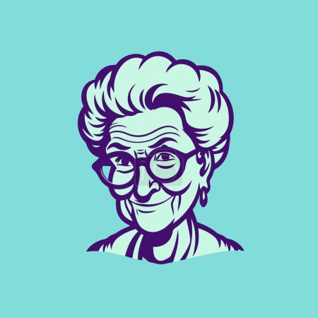 Ältere Frau mit Brille. Vektorillustration auf blauem Hintergrund. Logo-Design-Vorlage