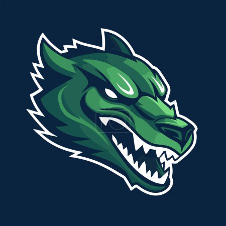Illustration pour Modèle vectoriel de conception de logo de mascotte de dragon vert. Illustration vectorielle de la mascotte de tête de dragon pour équipe sportive. logo couleur plate - image libre de droit