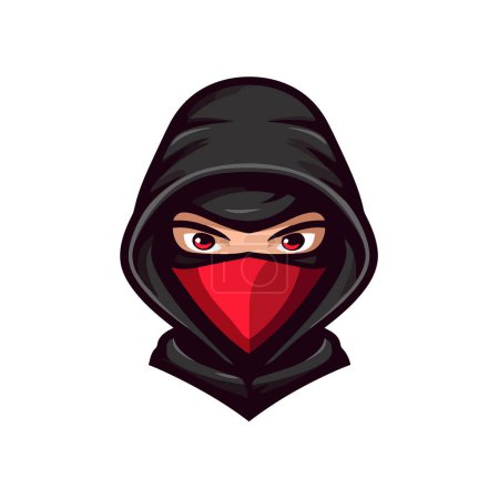 Illustration for Ninja in a black mask. Vector illustration on white background.Attired cartoon character in camouflage mask - concealed and incognito. - Royalty Free Image