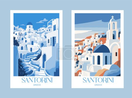 Illustration for Santorini, Greece vector banners set. Traditional Greek architecture. Travel and sightseeing. Vacation Travel Poster - Royalty Free Image