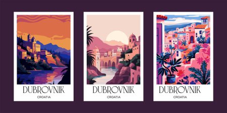 Téléchargez les illustrations : Ensemble d'affiches pour Dubrovnik Croatie. Illustrations vectorielles colorées. Voyage lieux célèbres - en licence libre de droit