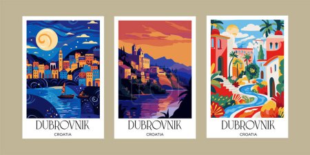 Ilustración de Conjunto de carteles con la imagen de la antigua ciudad de Dubrovnik. Arte Imprimir Decoración de Pared - Imagen libre de derechos