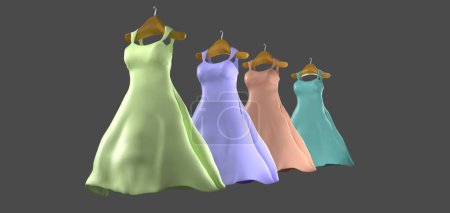 Foto de Ilustración 3D de 4 vestidos en las perchas de madera para ropa, aislado sobre fondo gris, maqueta - Imagen libre de derechos