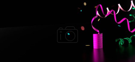 Foto de Ilustración 3D de atributos festivos Confetti y serpentina aislados sobre fondo espejo reflectante negro, espacio de copia lado izquierdo - Imagen libre de derechos