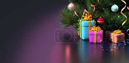 Foto de Ilustración 3D de la tarjeta de felicitación de Navidad con cajas de regalo, bolas, serpentina, confeti, árbol de Navidad. Fondo de color, espacio de copia - Imagen libre de derechos
