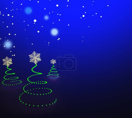 Foto de Ilustración 3D de la tarjeta de felicitación tres luces de Navidad guirnalda con forma de árbol de Navidad sobre fondo azul, espacio de copia - Imagen libre de derechos